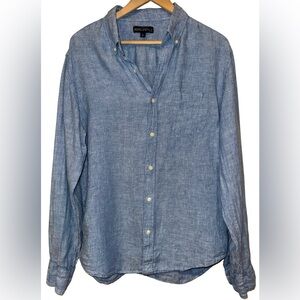 J. Crew Mercantile 100% Linen Button Down Blue Casual Shirt Sz L Classic Preppy